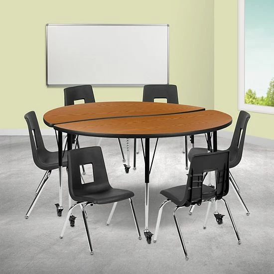 Emma+Oliver Emma And Oliver Mobile 60" Circle Wave Activity Table Set-16" Student Stack Chairs, Oak/Black Grey 2 Emma+Oliver Emma And Oliver Mobile 60" Circle Wave Activity Table Set-16" Student Stack Chairs, Oak/Black Grey - Image 2