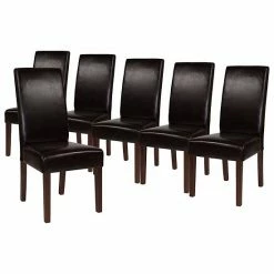 Emma+Oliver Emma And Oliver Six Mid-Century Beige Faux Leather Parsons Chairs And Mahogany Finished Hardwood Frame For Kitchen, Dining Room & More Black Faux Leather