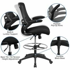 Emma+Oliver Emma And Oliver Mid-Back Black Mesh Ergonomic Draft Chair - Adjustable Ring & Flip-Up Arms -Emma+Oliver shop unnamed file 5024
