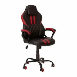 Emma+Oliver Emma And Oliver Ergonomic High Back Swivel Gaming Chair With Diamond Stitch Black Faux Leather Upholstery With Red Accent Stripes, Padded Arms