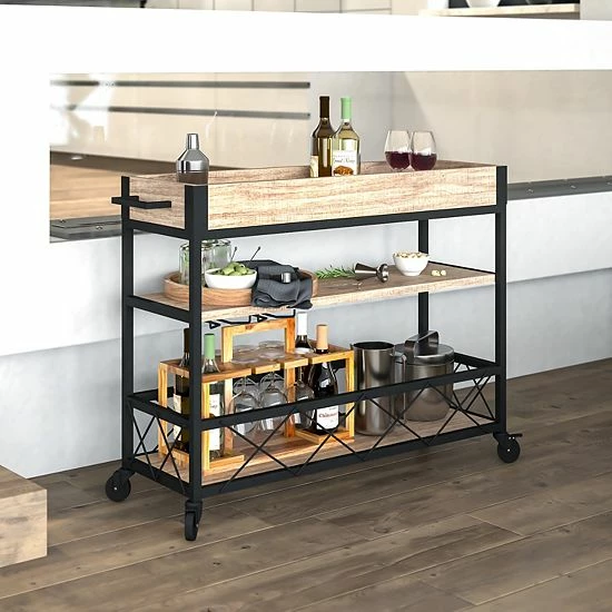 Emma+Oliver Emma And Oliver Light Oak Wood Kitchen Bar Cart, Stemware Rack And Locking Casters 2 Emma+Oliver Emma And Oliver Light Oak Wood Kitchen Bar Cart, Stemware Rack And Locking Casters - Image 2