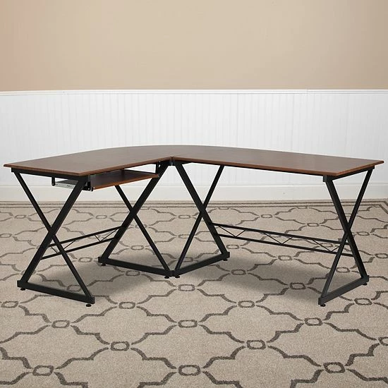Emma+Oliver Emma And Oliver Teakwood Laminate L-Shape Computer Desk With Keyboard Tray 2 Emma+Oliver Emma And Oliver Teakwood Laminate L-Shape Computer Desk With Keyboard Tray - Image 2