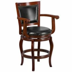 Emma+Oliver Emma And Oliver 26"H Cherry Wood Panel Back Swivel Counter Stool With Arms