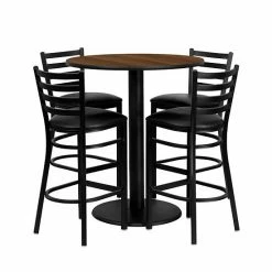 Emma+Oliver Emma And Oliver 36" Round Walnut Laminate Table Set, 4 Ladder Back Metal Barstools