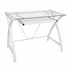 Emma+Oliver Emma And Oliver Clear Glass Computer Desk-White Pull-Out Keyboard Tray & White Crisscross Frame