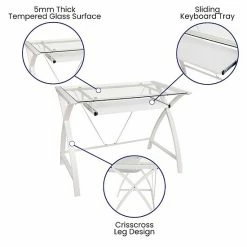 Emma+Oliver Emma And Oliver Clear Glass Computer Desk-White Pull-Out Keyboard Tray & White Crisscross Frame -Emma+Oliver shop unnamed file 5415