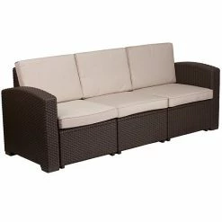 Emma+Oliver Emma And Oliver Chocolate Brown Faux Rattan Sofa With Beige Cushions
