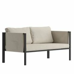 Emma+Oliver Emma And Oliver Adelina Indoor Outdoor Patio Loveseat Black Steel Framed Lounger With Beige Cushions And 2 Storage Pockets Light Gray