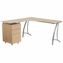 Emma+Oliver Emma And Oliver Beech Laminate L-Shape Desk With Three Drawer Pedestal