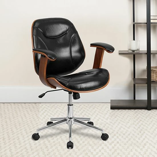 Emma+Oliver Emma And Oliver Mid-Back Black LeatherSoft Executive Ergonomic Wood Swivel Office Chair - Arms 2 Emma+Oliver Emma And Oliver Mid-Back Black LeatherSoft Executive Ergonomic Wood Swivel Office Chair - Arms - Image 2