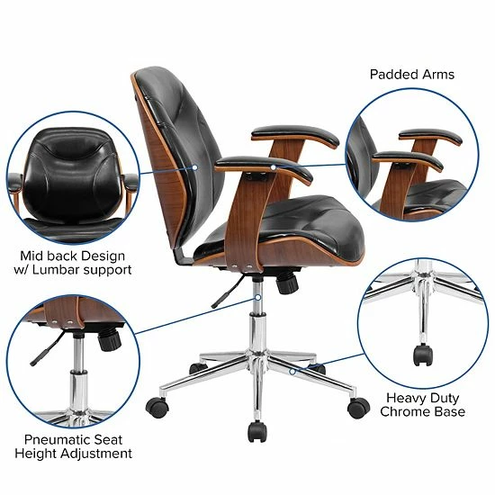 Emma+Oliver Emma And Oliver Mid-Back Black LeatherSoft Executive Ergonomic Wood Swivel Office Chair - Arms 3 Emma+Oliver Emma And Oliver Mid-Back Black LeatherSoft Executive Ergonomic Wood Swivel Office Chair - Arms - Image 3