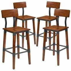 Emma+Oliver Emma And Oliver 4 Pack Commercial Grade Rustic Walnut Industrial Style Wood Dining Barstool