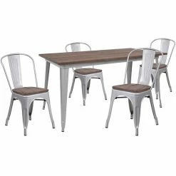 Emma+Oliver Emma And Oliver 30.25" X 60" Silver Metal/Wood Table Set - 4 Stack Chairs