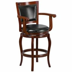 Emma+Oliver Emma And Oliver 30"H Cherry Wood Panel Back Swivel Barstool With Arms