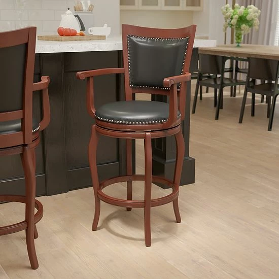 Emma+Oliver Emma And Oliver 30"H Cherry Wood Panel Back Swivel Barstool With Arms 2 Emma+Oliver Emma And Oliver 30"H Cherry Wood Panel Back Swivel Barstool With Arms - Image 2