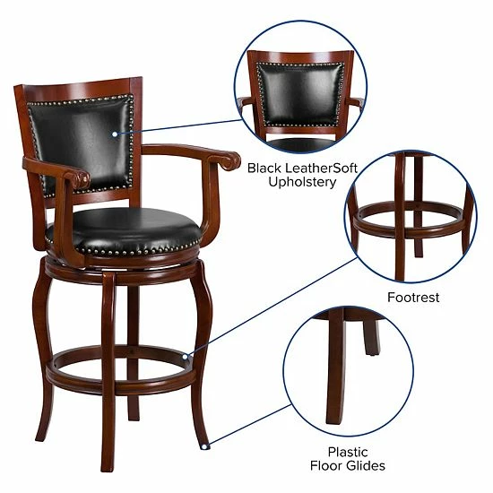 Emma+Oliver Emma And Oliver 30"H Cherry Wood Panel Back Swivel Barstool With Arms 3 Emma+Oliver Emma And Oliver 30"H Cherry Wood Panel Back Swivel Barstool With Arms - Image 3