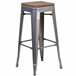 Emma+Oliver Emma And Oliver 30"H Backless Clear Coated Metal Barstool With Wood Seat