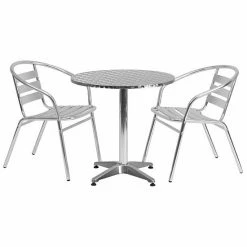 Emma+Oliver Emma And Oliver 27.5" Round Aluminum Table Set With 2 Slat Back Chairs