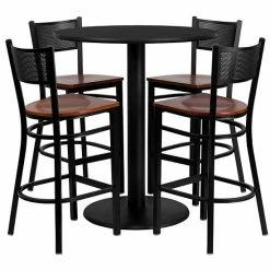 Emma+Oliver Emma And Oliver 36" Round Black Laminate Table Set, 4 Grid Back Metal Barstools