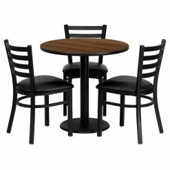 Emma+Oliver Emma And Oliver 30" Round Walnut Laminate Table Set, 3 Ladder Back Metal Chairs