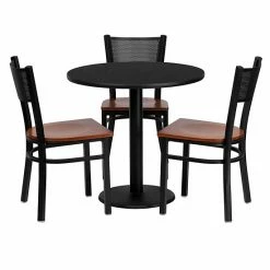 Emma+Oliver Emma And Oliver 30" Round Black Laminate Table Set, 3 Grid Back Metal Chairs