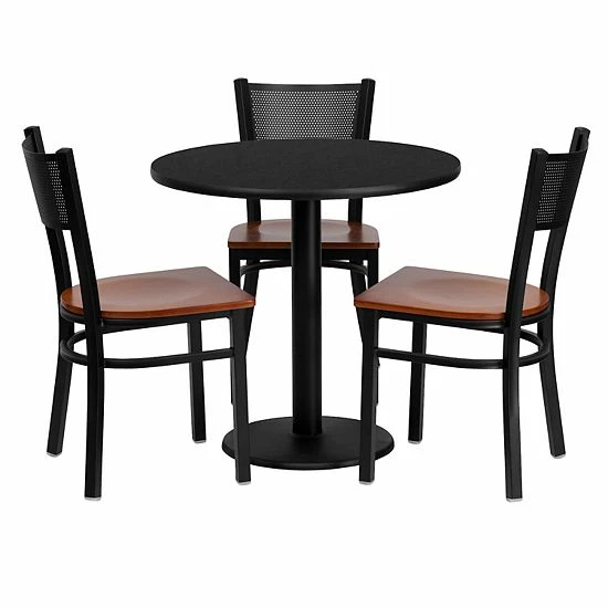 Emma+Oliver Emma And Oliver 30" Round Black Laminate Table Set, 3 Grid Back Metal Chairs 1 Emma+Oliver Emma And Oliver 30" Round Black Laminate Table Set, 3 Grid Back Metal Chairs