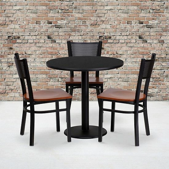 Emma+Oliver Emma And Oliver 30" Round Black Laminate Table Set, 3 Grid Back Metal Chairs 2 Emma+Oliver Emma And Oliver 30" Round Black Laminate Table Set, 3 Grid Back Metal Chairs - Image 2