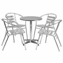 Emma+Oliver Emma And Oliver 23.5" Round Aluminum Table Set With 4 Slat Back Chairs