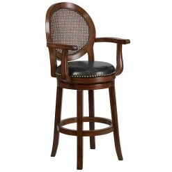 Emma+Oliver Emma And Oliver 30"H Woven Rattan Back Expresso Wood Barstool With Arms