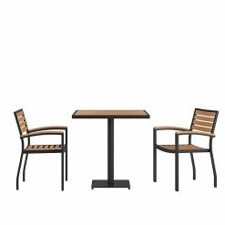 Emma+Oliver Emma And Oliver 3 Piece Outdoor Patio Dining Table Set With 30" Square Faux Teak Table And 2 Stackable Chairs With Teak Accented Arms