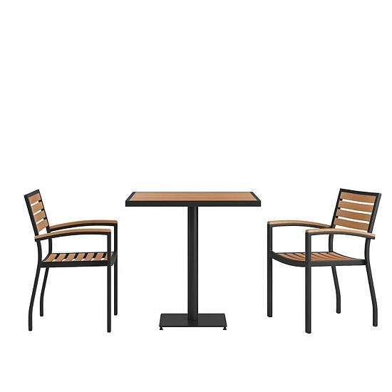 Emma+Oliver Emma And Oliver 3 Piece Outdoor Patio Dining Table Set With 30" Square Faux Teak Table And 2 Stackable Chairs With Teak Accented Arms 1 Emma+Oliver Emma And Oliver 3 Piece Outdoor Patio Dining Table Set With 30" Square Faux Teak Table And 2 Stackable Chairs With Teak Accented Arms