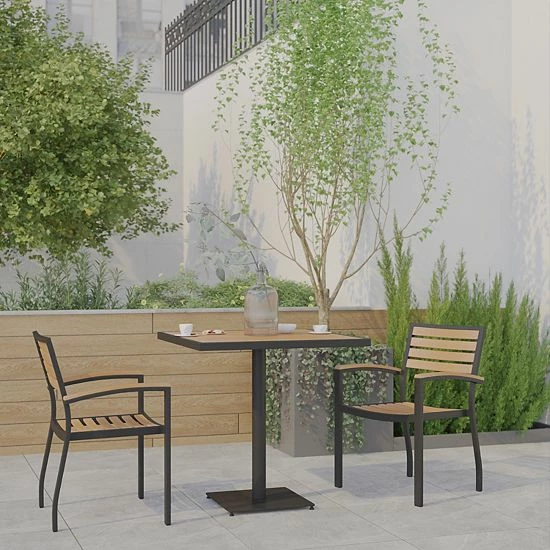 Emma+Oliver Emma And Oliver 3 Piece Outdoor Patio Dining Table Set With 30" Square Faux Teak Table And 2 Stackable Chairs With Teak Accented Arms 2 Emma+Oliver Emma And Oliver 3 Piece Outdoor Patio Dining Table Set With 30" Square Faux Teak Table And 2 Stackable Chairs With Teak Accented Arms - Image 2