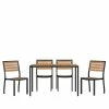 Emma+Oliver Emma And Oliver 5 Piece Patio Table Set - Synthetic Teak Poly Slats - 30" X 48" Steel Framed Table With 4 Faux Teak Stackable Chairs