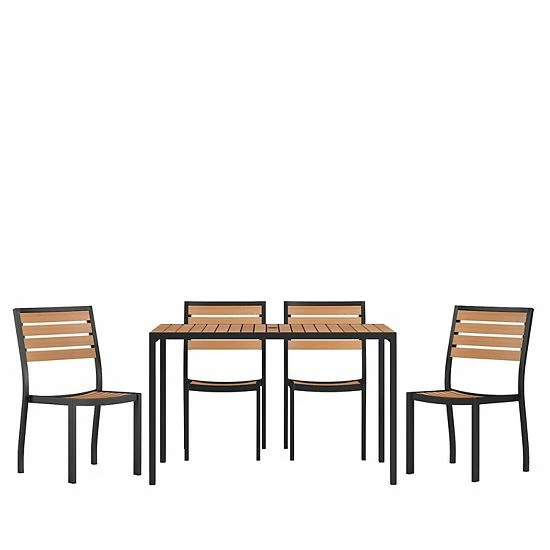 Emma+Oliver Emma and Oliver 5 Piece Patio Table Set - Synthetic Teak Poly Slats - 30" x 48" Steel Framed Table with 4 Faux Teak Stackable Chairs Emma+Oliver Emma And Oliver 5 Piece Patio Table Set - Synthetic Teak Poly Slats - 30" X 48" Steel Framed Table With 4 Faux Teak Stackable Chairs -Emma+Oliver shop unnamed file 5825