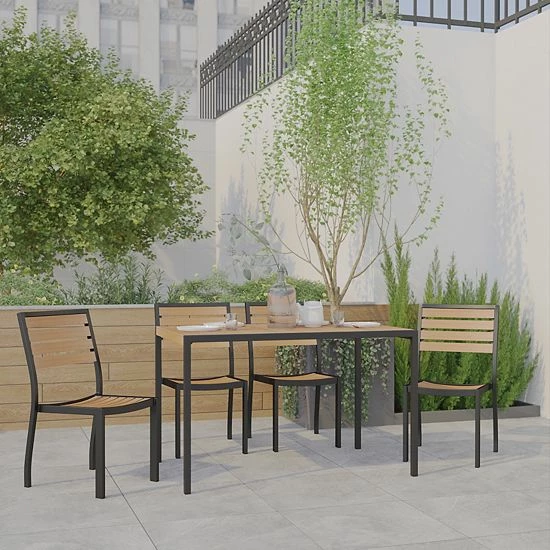 Emma+Oliver Emma and Oliver 5 Piece Patio Table Set - Synthetic Teak Poly Slats - 30" x 48" Steel Framed Table with 4 Faux Teak Stackable Chairs Emma+Oliver Emma And Oliver 5 Piece Patio Table Set - Synthetic Teak Poly Slats - 30" X 48" Steel Framed Table With 4 Faux Teak Stackable Chairs -Emma+Oliver shop unnamed file 5826