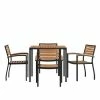 Emma+Oliver Emma And Oliver 5 Piece Patio Table Set - Synthetic Teak Poly Slats - 35" Square Steel Framed Table With Umbrella Holder Hole - 4 Stackable Club Chairs