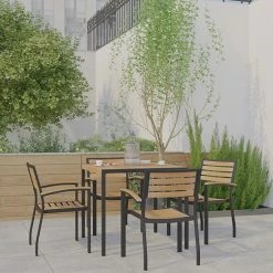 Emma+Oliver Emma And Oliver 5 Piece Patio Table Set - Synthetic Teak Poly Slats - 35" Square Steel Framed Table With Umbrella Holder Hole - 4 Stackable Club Chairs -Emma+Oliver shop unnamed file 5855