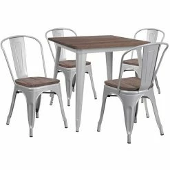 Emma+Oliver Emma And Oliver 31.5" Square Silver Metal/Wood Table Set - 4 Stack Chairs -Emma+Oliver shop unnamed file 5901