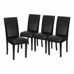 Emma+Oliver Emma And Oliver 4 Pack Contemporary Black Faux Leather Panel Back Parsons Chair With High Density Foam Padding And Mahogany Finished Hardwood Frame