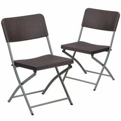 Emma+Oliver Emma And Oliver 2 Pack Brown Rattan Plastic Indoor-Outdoor Patio Folding Chair