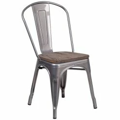 Emma+Oliver Emma And Oliver Clear Coated Metal Stackable Chair With Wood Seat