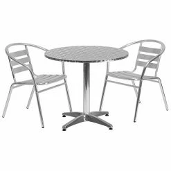 Emma+Oliver Emma And Oliver 31.5" Round Aluminum Table Set With 2 Slat Back Chairs
