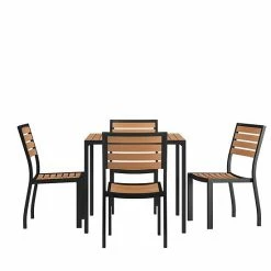 Emma+Oliver Emma And Oliver 5 Piece Patio Table Set - Synthetic Teak Poly Slats - 35" Square Steel Framed Table With 4 Faux Teak Stackable Chairs
