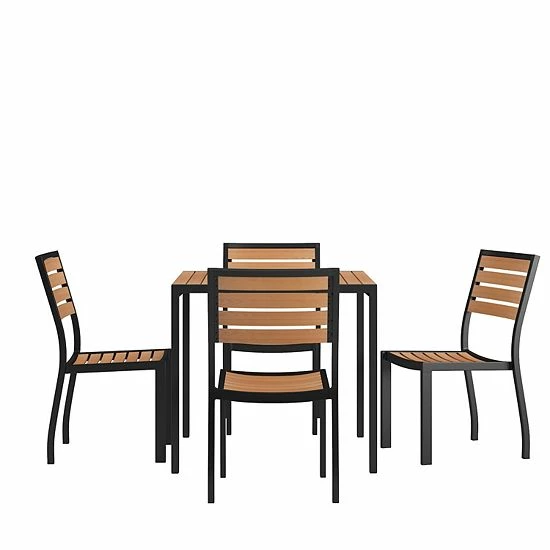 Emma+Oliver Emma And Oliver 5 Piece Patio Table Set - Synthetic Teak Poly Slats - 35" Square Steel Framed Table With 4 Faux Teak Stackable Chairs 1 Emma+Oliver Emma And Oliver 5 Piece Patio Table Set - Synthetic Teak Poly Slats - 35" Square Steel Framed Table With 4 Faux Teak Stackable Chairs