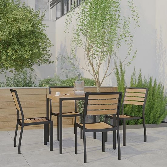 Emma+Oliver Emma And Oliver 5 Piece Patio Table Set - Synthetic Teak Poly Slats - 35" Square Steel Framed Table With 4 Faux Teak Stackable Chairs 2 Emma+Oliver Emma And Oliver 5 Piece Patio Table Set - Synthetic Teak Poly Slats - 35" Square Steel Framed Table With 4 Faux Teak Stackable Chairs - Image 2