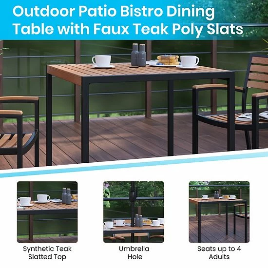 Emma+Oliver Emma And Oliver 5 Piece Patio Table Set - Synthetic Teak Poly Slats - 35" Square Steel Framed Table With 4 Faux Teak Stackable Chairs 3 Emma+Oliver Emma And Oliver 5 Piece Patio Table Set - Synthetic Teak Poly Slats - 35" Square Steel Framed Table With 4 Faux Teak Stackable Chairs - Image 3