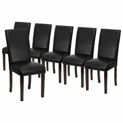 Emma+Oliver Emma And Oliver 6 Pack Contemporary Black Faux Leather Panel Back Parsons Chair With High Density Foam Padding And Mahogany Finished Hardwood Frame