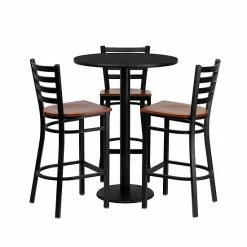 Emma+Oliver Emma And Oliver 30" Round Black Laminate Table Set, 3 Ladder Back Metal Barstools