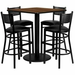 Emma+Oliver Emma And Oliver 36" Square Walnut Laminate Table Set, 4 Grid Back Metal Barstools