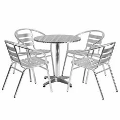 Emma+Oliver Emma And Oliver 27.5" Round Aluminum Table Set With 4 Slat Back Chairs